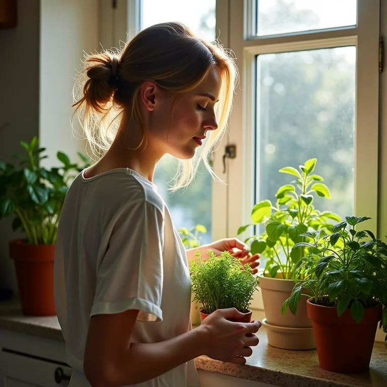 Mulher branca decorando cozinha com ervas