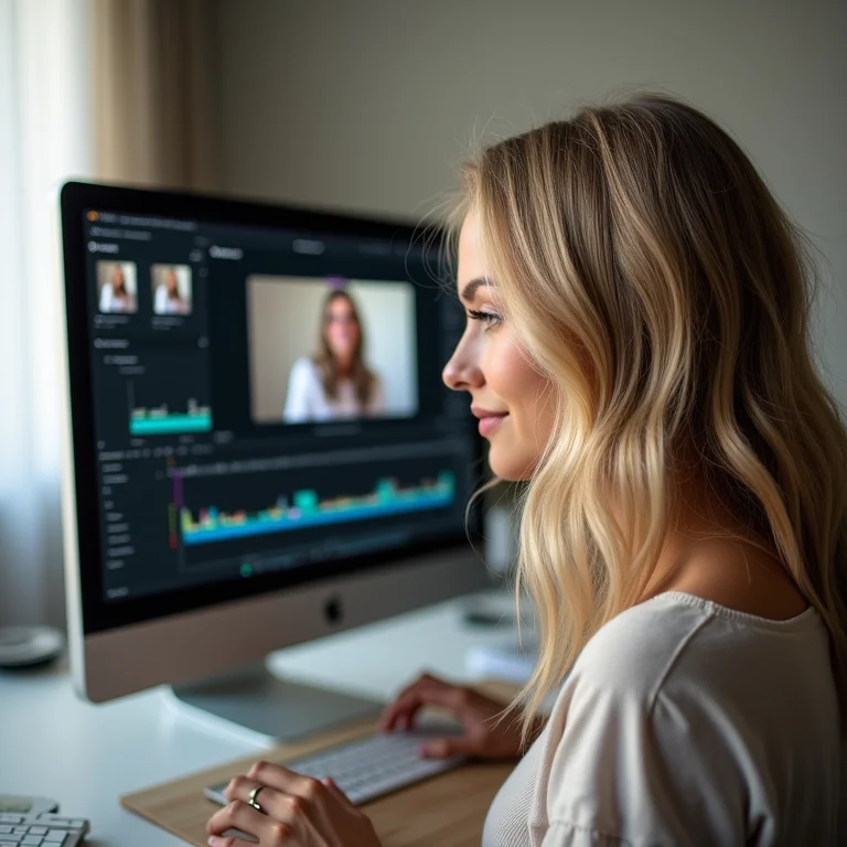 Mulher branca editando vídeo online gratuitamente