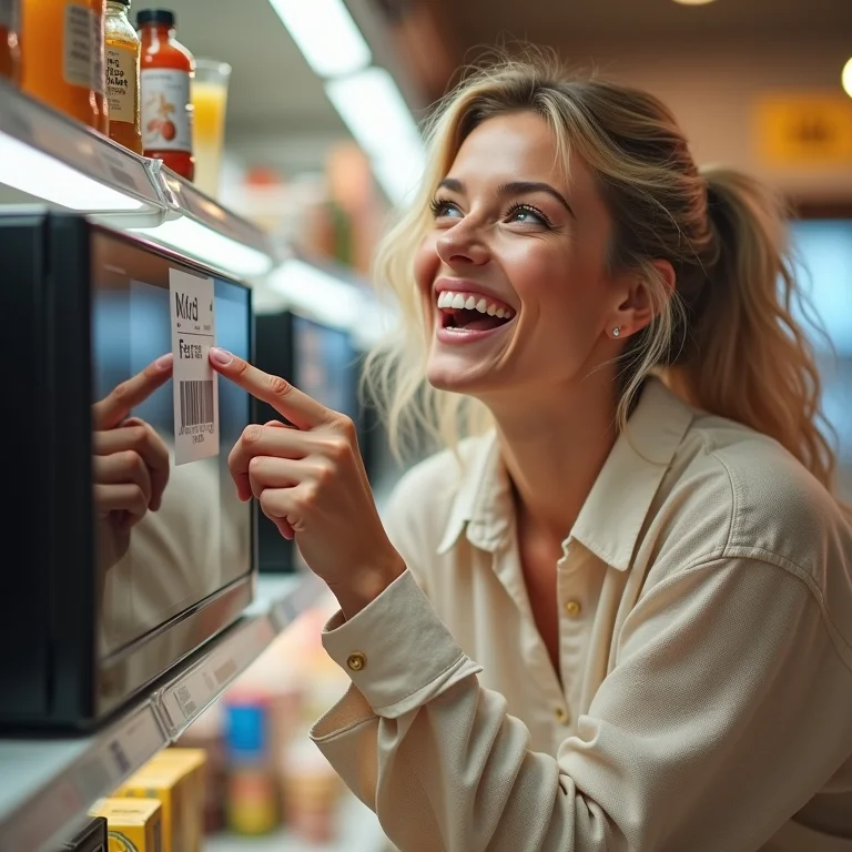 Mulher branca encontrando uma promoção de microondas.