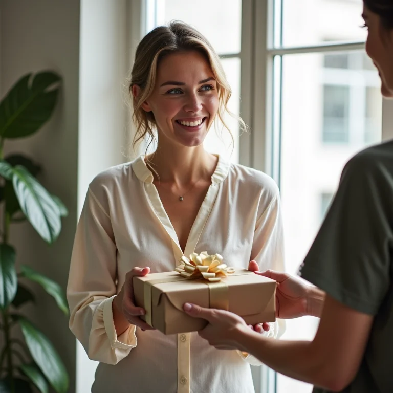 Mulher branca entregando presente para colega no escritório