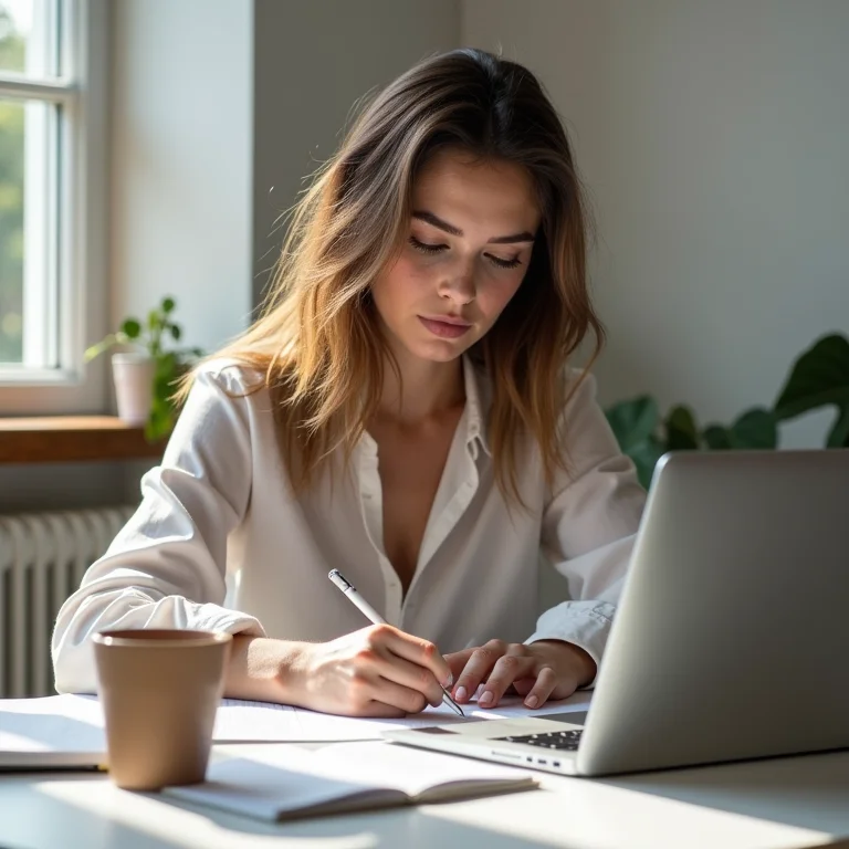 Mulher branca escrevendo descrição de vaga