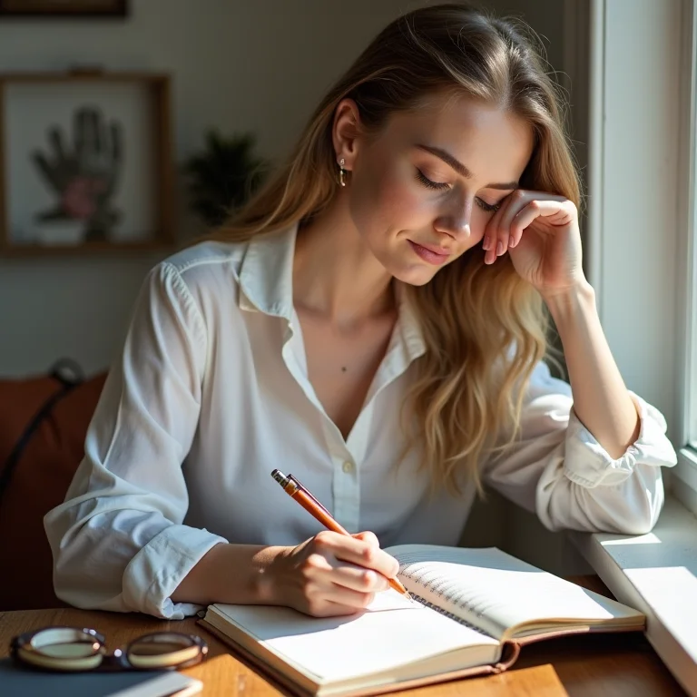 Mulher branca escrevendo lista de looks para viagem em um caderno.