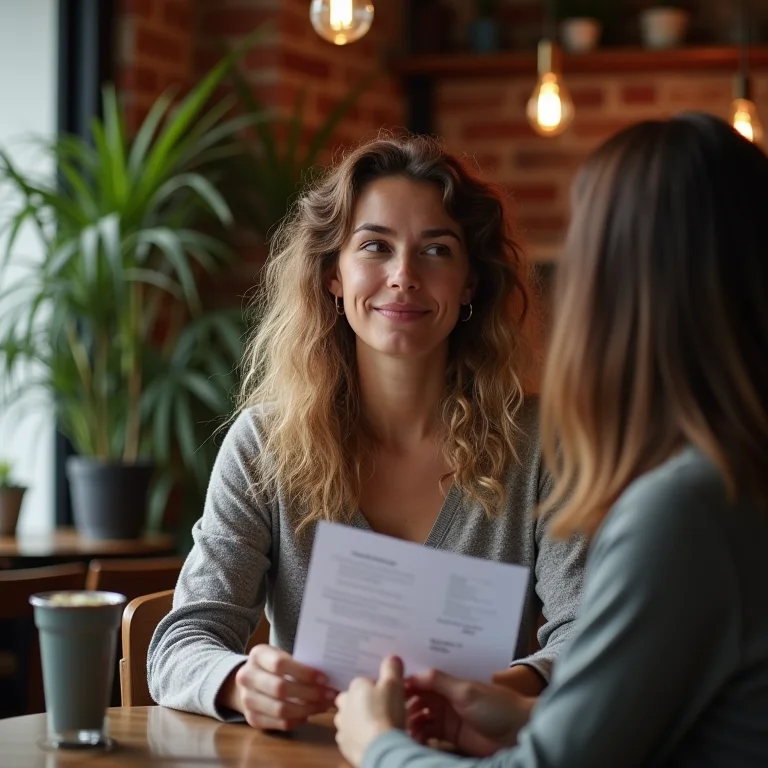 Mulher branca explicando um conceito de programação em um café.