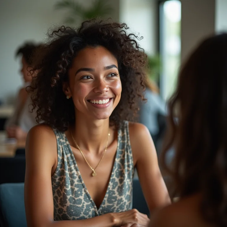 Mulher branca fazendo networking em evento profissional