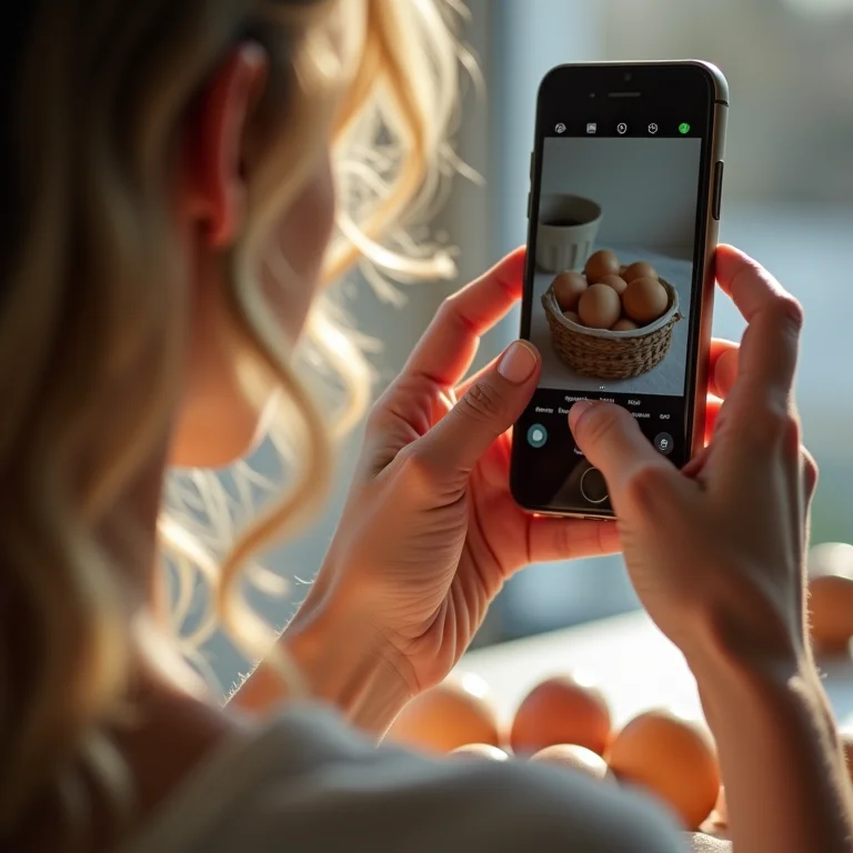 Mulher branca fotografando ovos de Páscoa para redes sociais