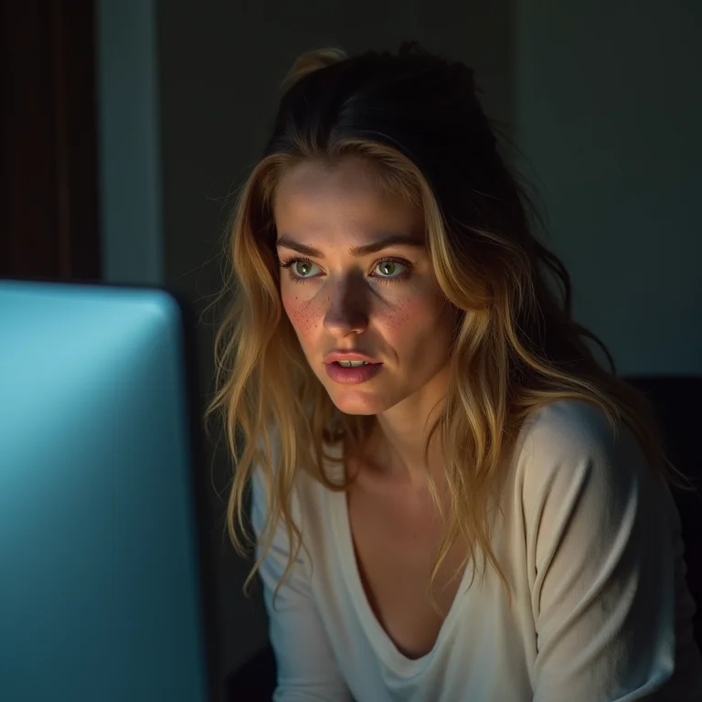 Mulher branca frustrada ouvindo bipes repetitivos de um computador.