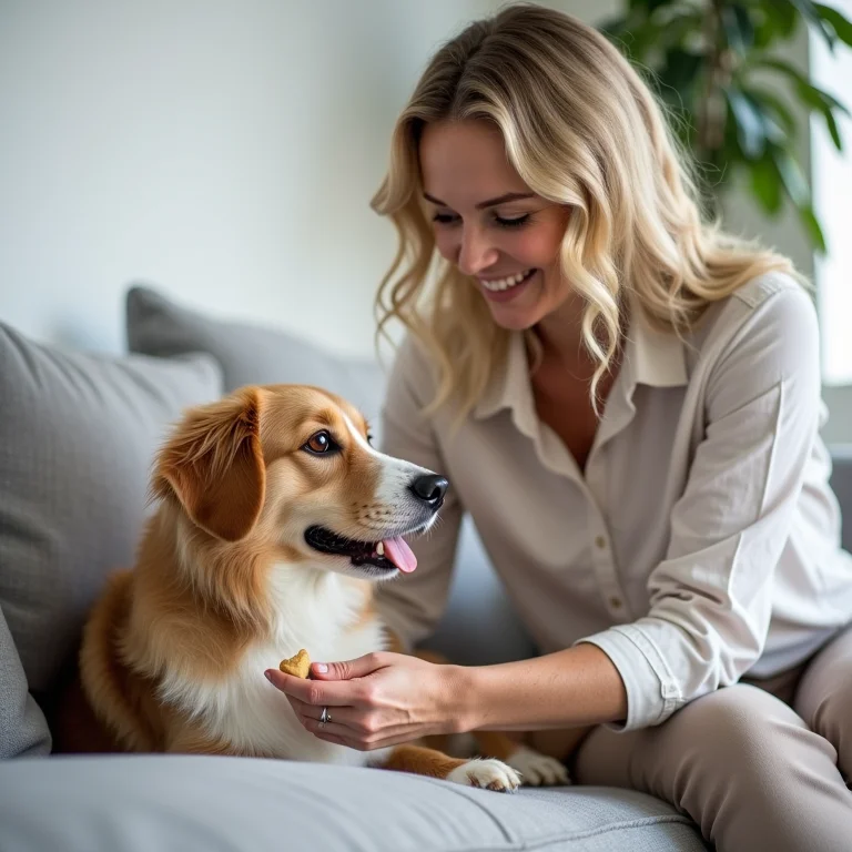 Mulher branca guiando seu cachorro para fora do sofá.