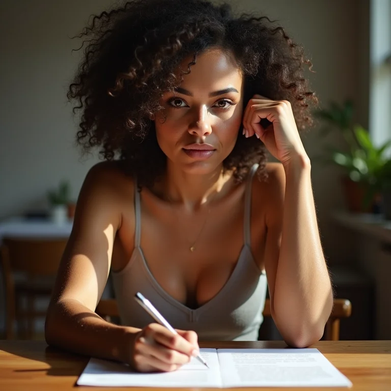 Mulher branca lendo carta manuscrita com expressão reflexiva.