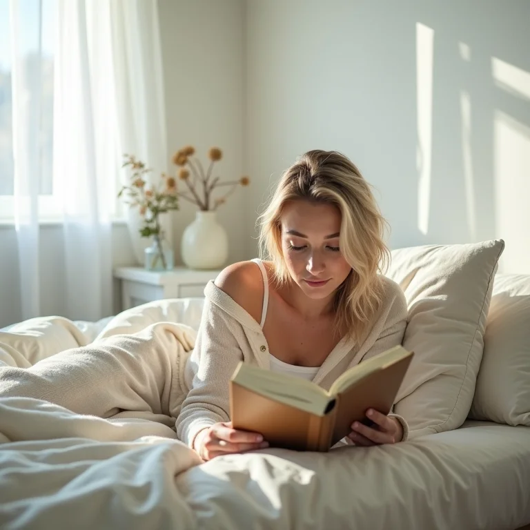 Mulher branca lendo em cama reclinável com baú