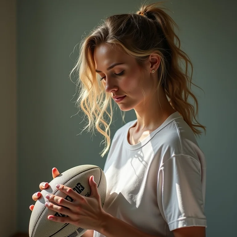 Mulher branca limpando uma bola de rugby.