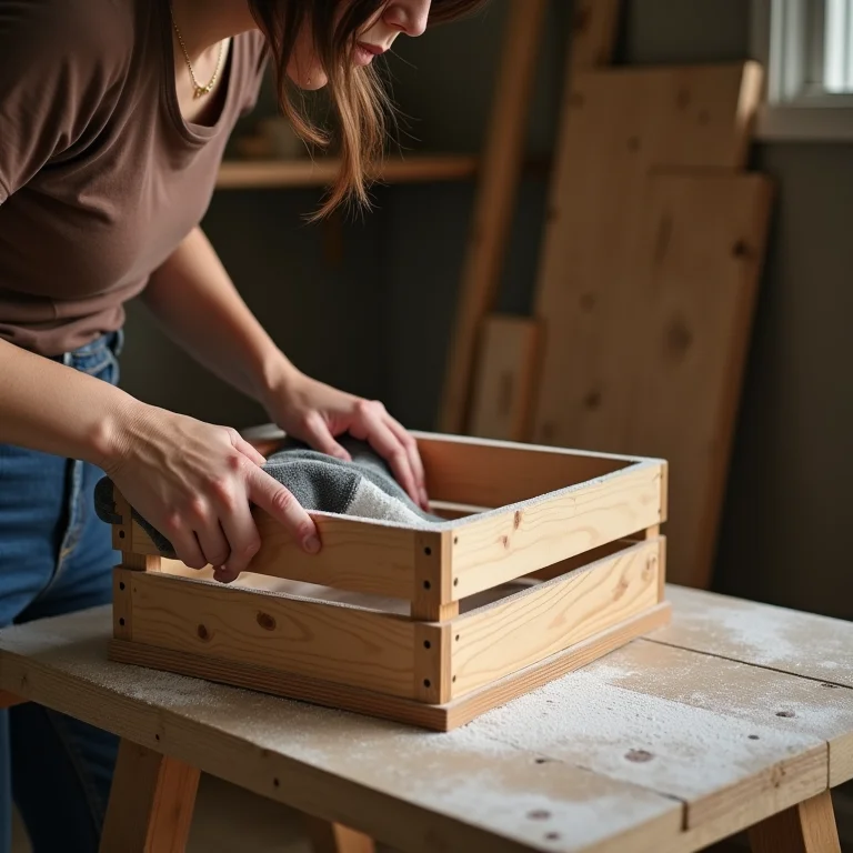 Mulher branca lixando caixote de madeira