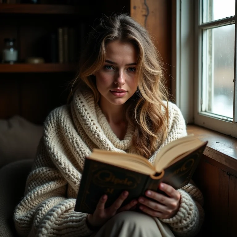 Mulher branca mergulhada em livro de mistério