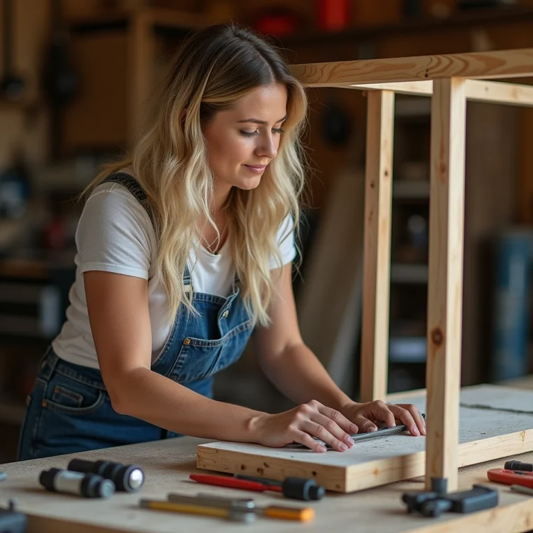 Mulher branca montando a estrutura de um carrinho de cachorro quente.