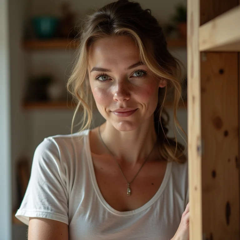 Mulher branca montando uma prateleira DIY com madeira reaproveitada.