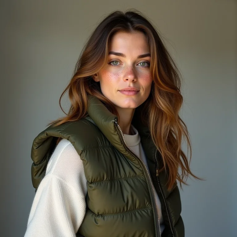 Mulher branca mostrando a versatilidade do colete puffer