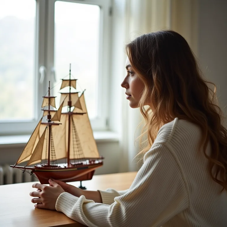 Mulher branca observando modelo de navio