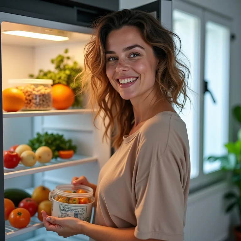 Mulher branca organizando alimentos na geladeira, representando o uso eficiente do eletrodoméstico