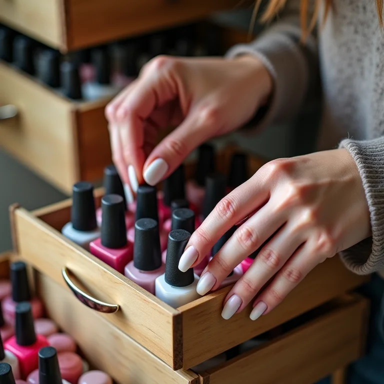 Mulher branca organizando esmaltes em gavetas e caixas