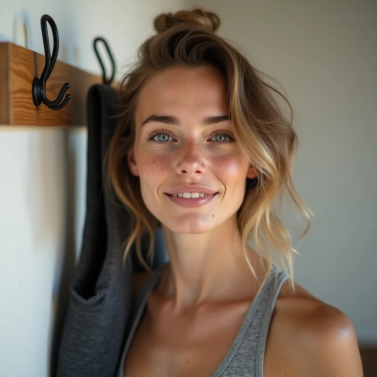 Mulher branca pendurando roupas de ginástica em ganchos de parede