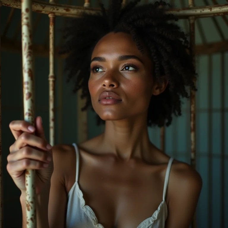 Mulher branca pensativa tocando uma gaiola de pássaros ornamentada