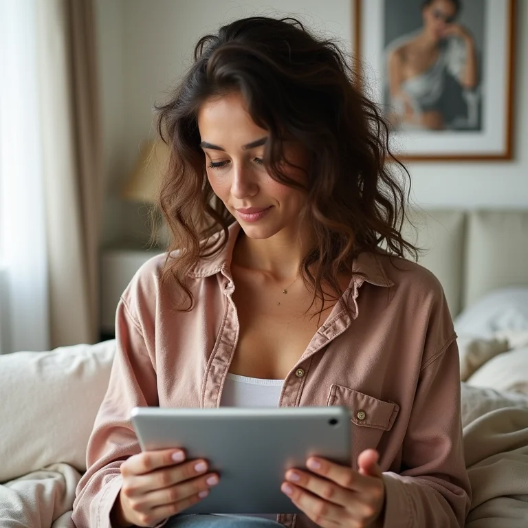 Mulher branca planejando looks de viagem em tablet