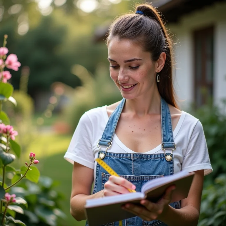Mulher branca planejando o uso do espaço do jardim.