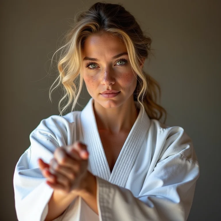 Mulher branca praticando karatê com quimono da Mundial Kimonos