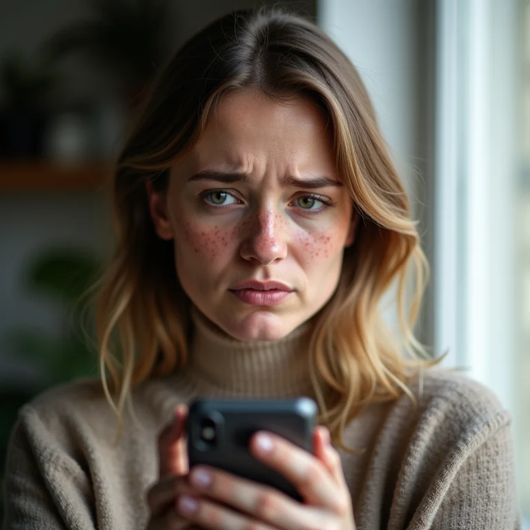 Mulher branca preocupada com a tela do celular.