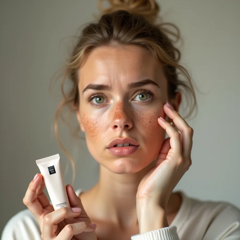 Mulher branca preocupada com devolução de produto de maquiagem