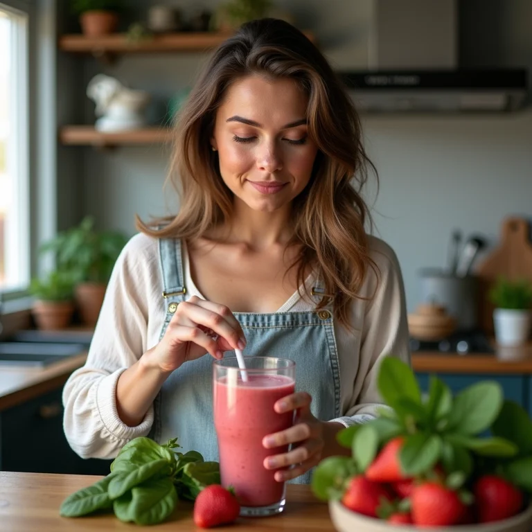 Mulher branca preparando smoothie de morango com espinafre e whey protein.
