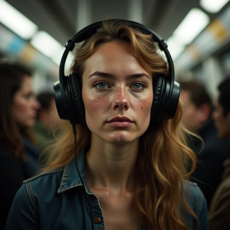 Mulher branca relaxada usando fones ANC no transporte público