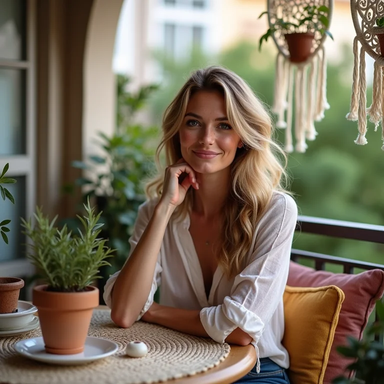 Mulher branca relaxando em varanda boho com mesa bistrô