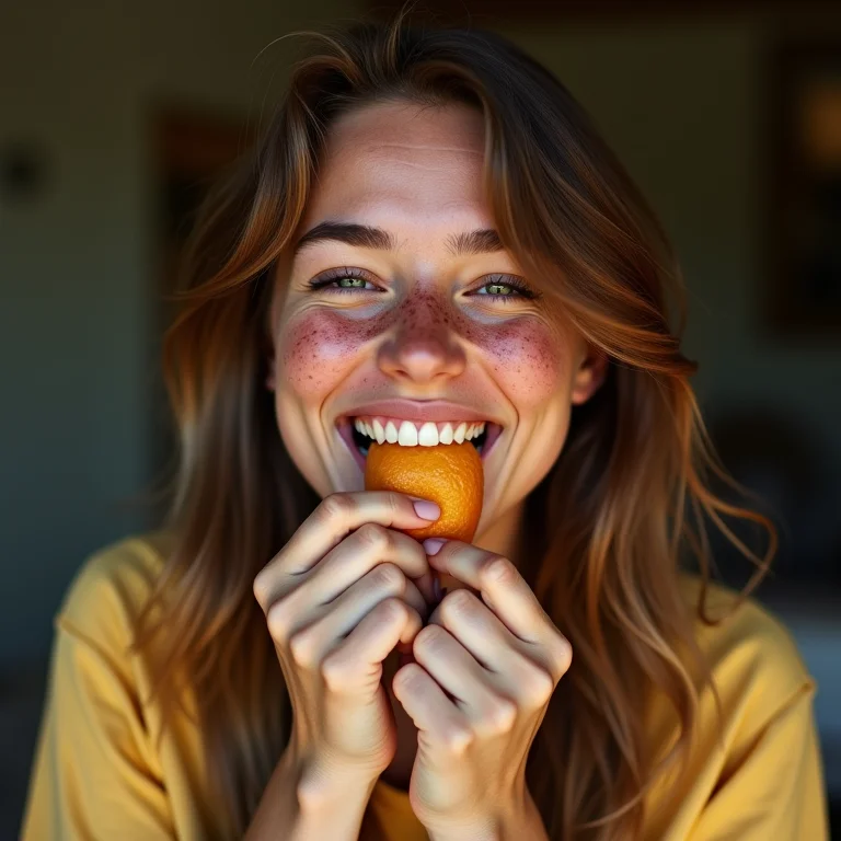 Mulher branca saboreando Pato no Tucupi com expressão de deleite