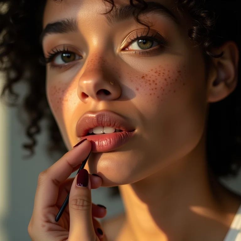 Mulher branca sardenta aplicando lápis de boca NARS.