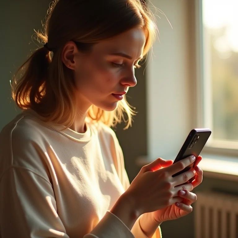 Mulher branca sardenta usando função de print em celular Xiaomi.
