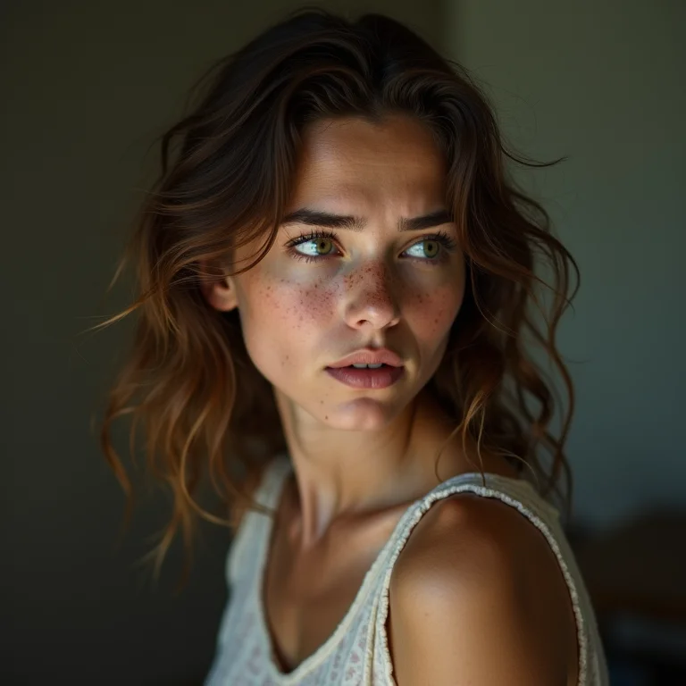 Mulher branca se afastando de uma câmera de filmagem com preocupação