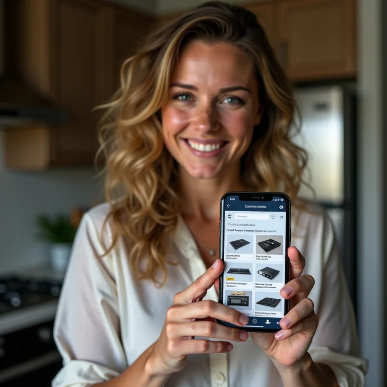 Mulher branca segurando smartphone com loja online de cooktops
