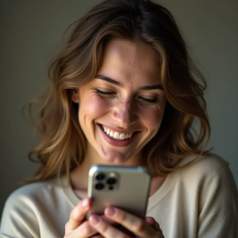 Mulher branca sorrindo ao ver mensagem de amiga confirmando identidade