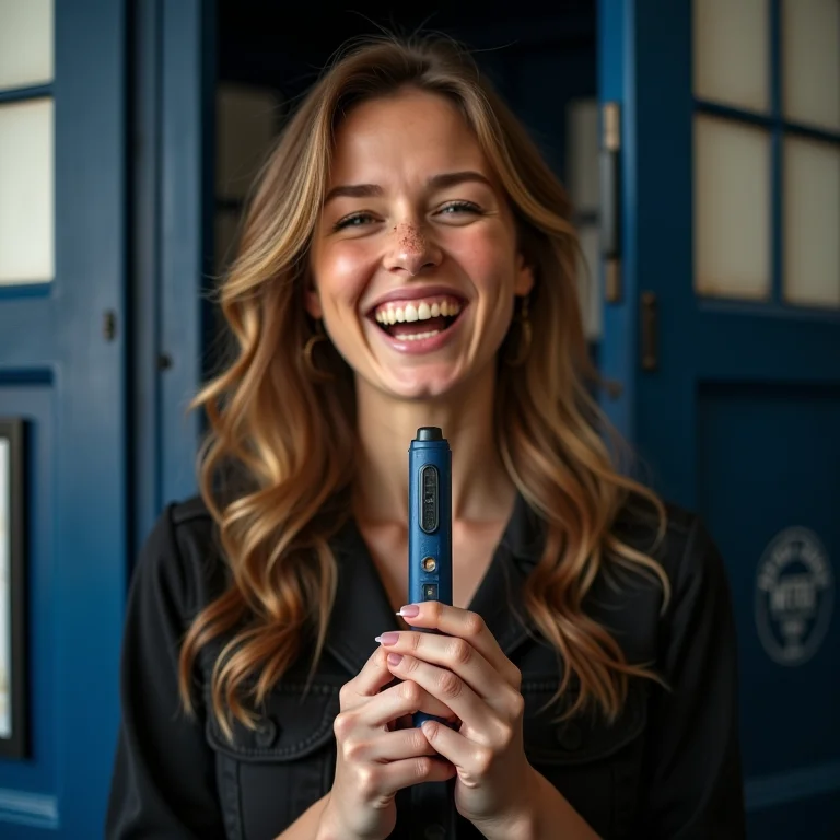 Mulher branca sorrindo com chave de fenda sônica em frente a cabine telefônica londrina.