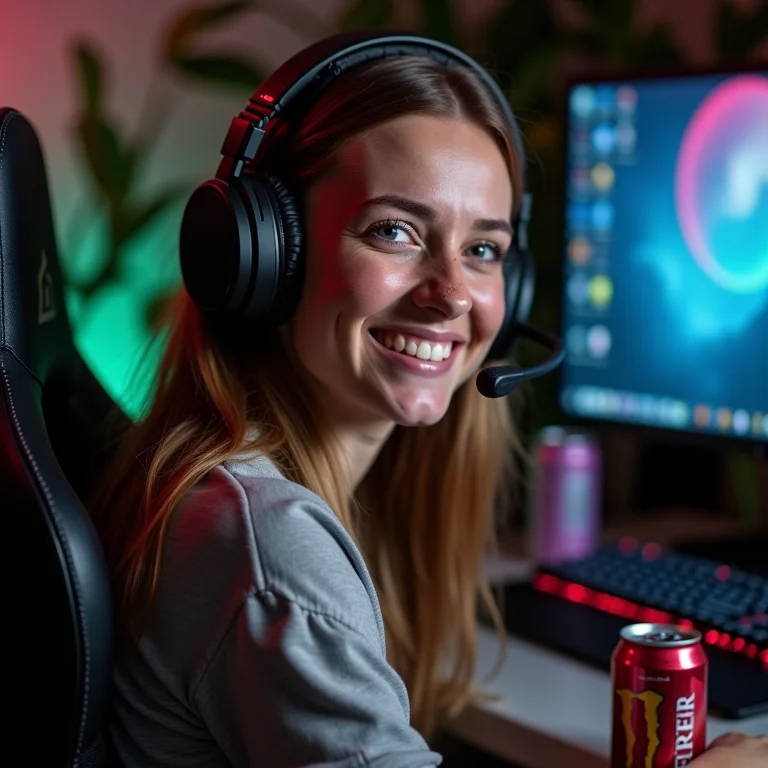 Mulher branca sorrindo com headset gamer.