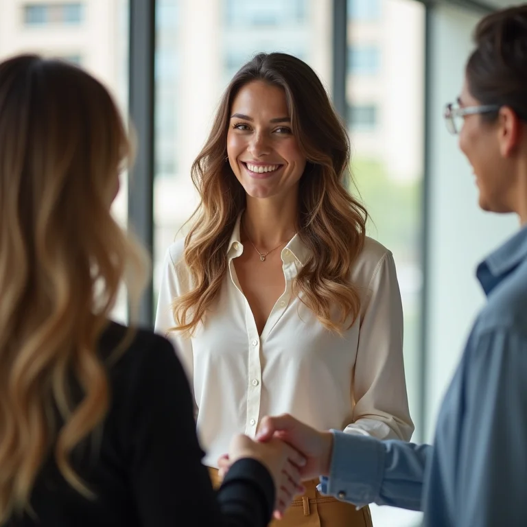 Mulher branca sorrindo e apertando a mão de um colega em escritório moderno, representando a importância do networking e reputação.