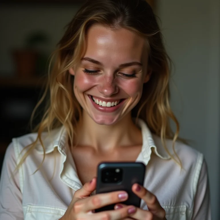 Mulher branca sorrindo enquanto escolhe cursos online no celular