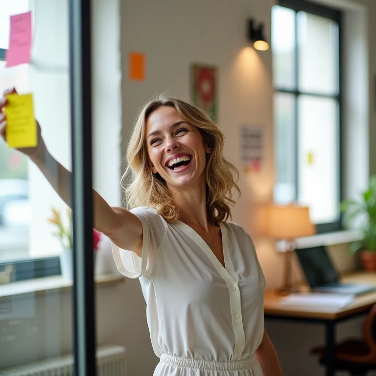 Mulher branca sorrindo enquanto faz brainstorming de ideias com post-its.