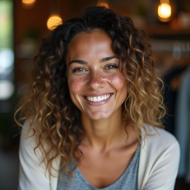 Mulher branca sorrindo para clientes em sua boutique