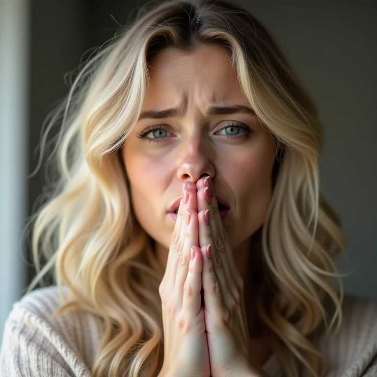 Mulher branca tossindo em ambiente com mofo