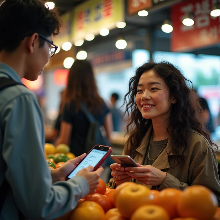 Mulher branca usando aplicativo de tradução para se comunicar com um local em um mercado coreano