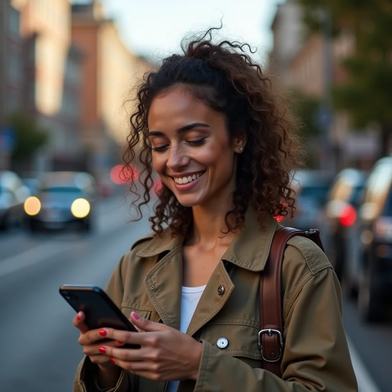 Mulher branca usando app 99 na rua.