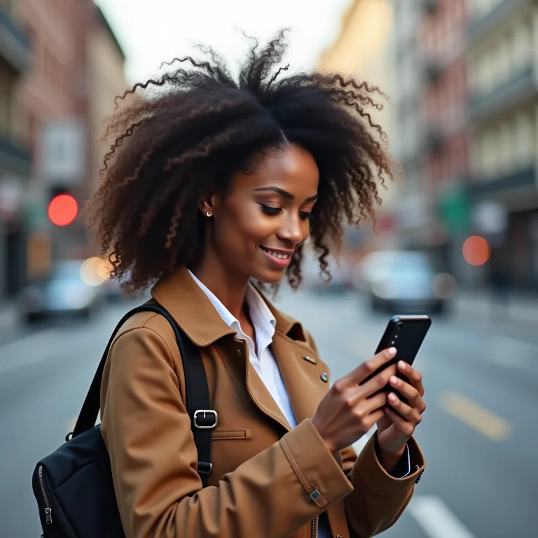 Mulher branca usando o Google Maps para navegação passo a passo em uma rua da cidade.
