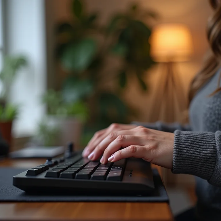 Mulher branca usando teclado sem fio.