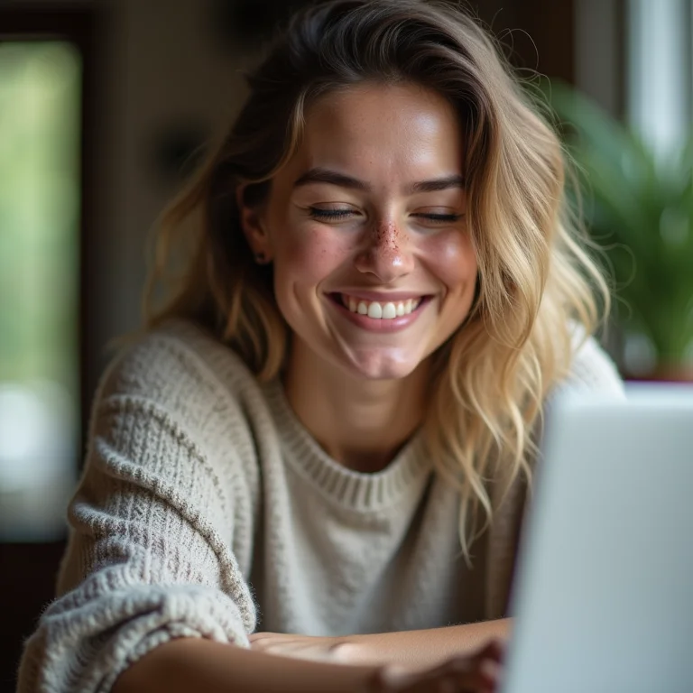Mulher branca verificando a disponibilidade de um nome em um laptop, representando a verificação da disponibilidade.